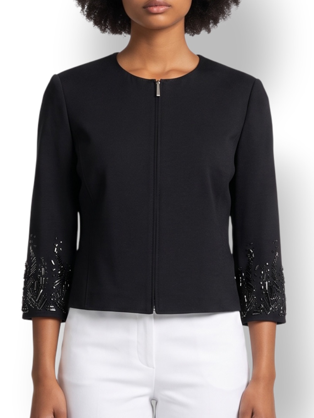 4/$20 Anne Klein Black Beaded Cuff Zip Front Jacket Size 12